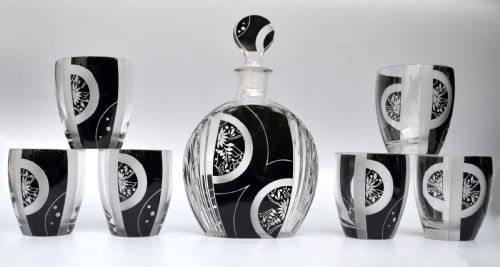 Art Deco Cut Glass & Enamel Decanter Set by Karl Palda, C1930