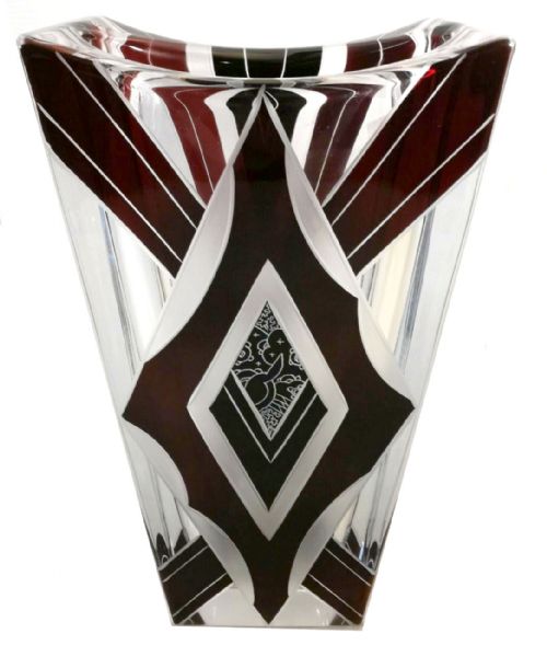 Art Deco Glass and Enamel Etched Geometric Vase