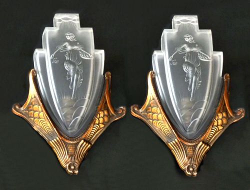 Art Deco Matching Pair of Glass Wall Lights, C1930
