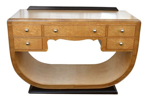 Art Deco Birds Eye Maple U Base Console Table, C1930