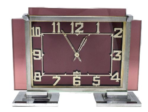 Large and Rare 1930s Art Deco French Pink Glass and Chrome Clock by Jaz