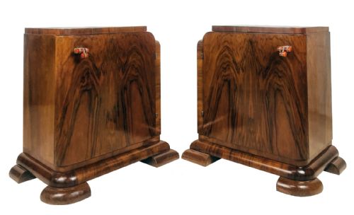 Art Deco Pair of Matching Bedside Table Cabinets in Walnut, C1930