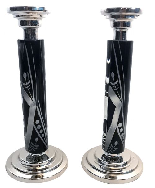 Art Deco Pair of Matching Nickel-silver & Glass Candlesticks, C1930