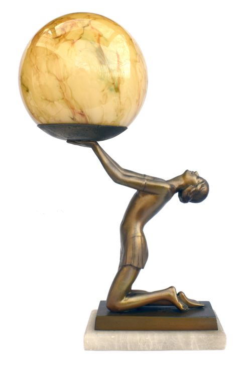 Art Deco Original Cold Painted Spelter Lady Figural Lamp, C1930