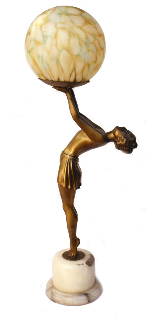 Art Deco Huge Figural Spelter Lady Lamp, C1930