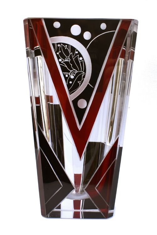 Art Deco Glass and Enamel Etched Geometric Vase
