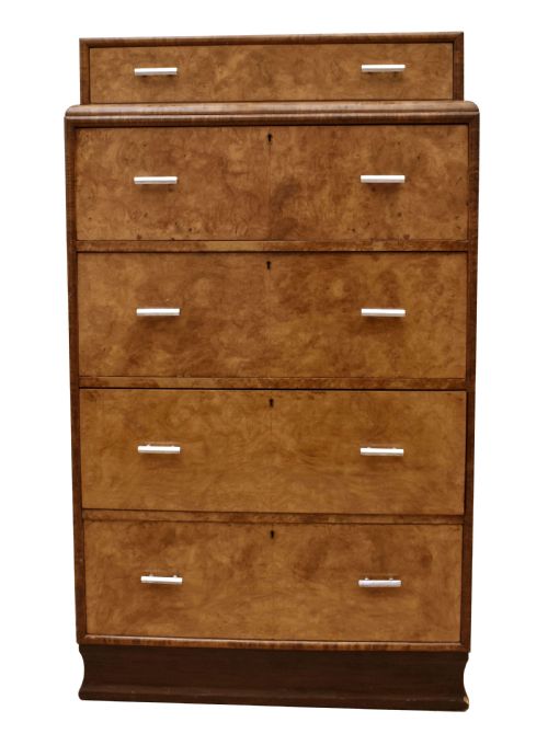 Art Deco 1930'S Figured Walnut Chest of Five Drawers