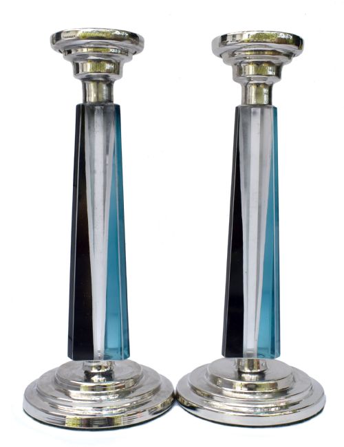 Art Deco Pair of Matching Nickel-silver & Glass Candlesticks, C1930