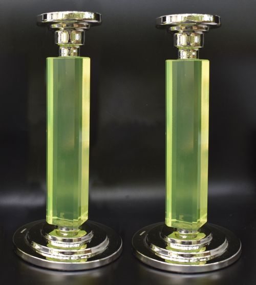 Art Deco Pair of Matching Nickel-silver & Uranium Glass Candlesticks, C1930