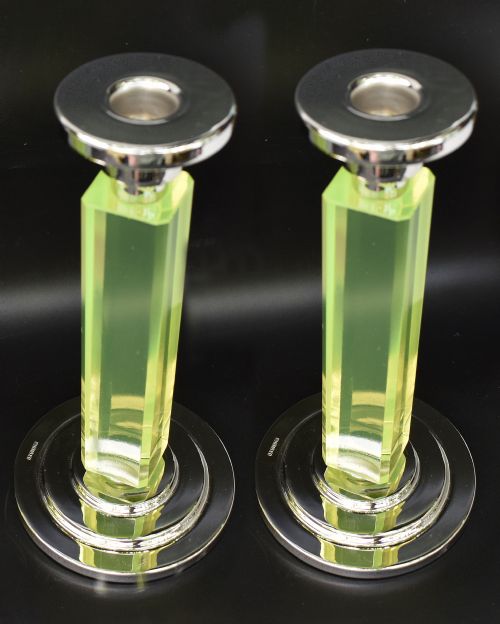 fig 1. Art Deco Pair of Matching Nickel-Silver & Uranium Glass Candlesticks, c1930