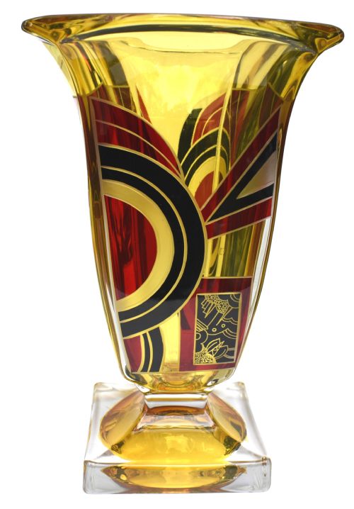Art Deco Large Glass & Enamel Etched Vase, Czech Republic, C1930