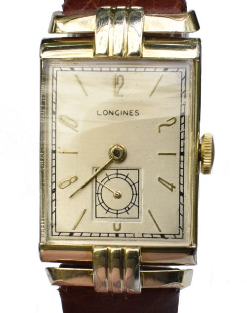 fig 1. Art Deco 10k GF Gents Wristwatch By Longines, Serviced, c1943
