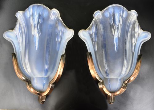 Art Deco Pair of Opalescent Glass Wall Lights by Ezan , C1930