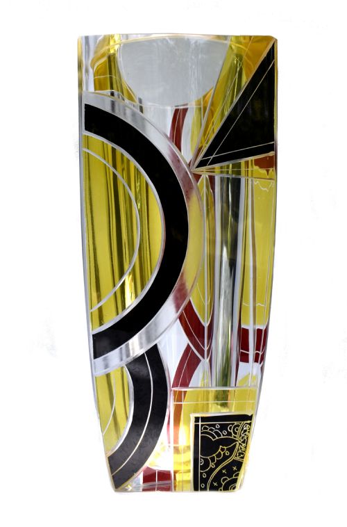 Art Deco Large Glass & Enamel Etched Vase, Czech Republic, C1930