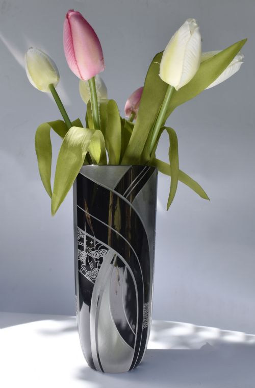 ART DECO BLACK ENAMEL GLASS ETCHED VASE C1935 - ADDITIONAL PHOTO 1