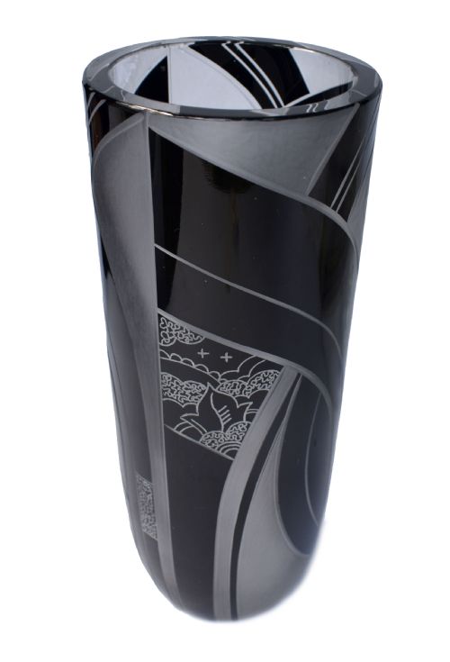 ART DECO BLACK ENAMEL GLASS ETCHED VASE C1935 - ADDITIONAL PHOTO 2
