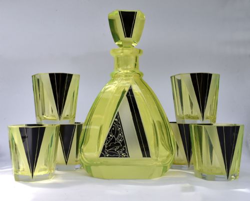 fig 1. Art Deco Uranium Glass Decanter Set, c1930
