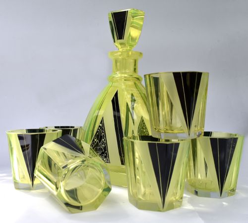 Art Deco Uranium Glass Decanter Set, C1930