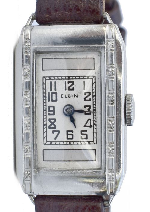 fig 1. Art Deco Ladies Silver Nickel Wrist Watch By Elgin, c1935