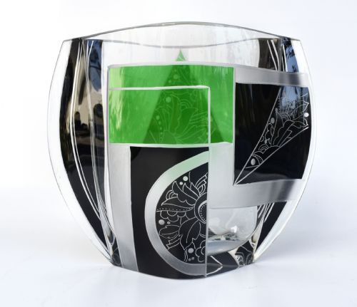 Art Deco Glass & Enamel Etched Vase by Karl Palda, Czech Republic, C1930
