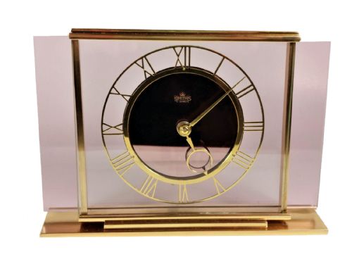 Art Deco Smiths 8 Day Pink Glass & Brass Mantel Clock, C1930