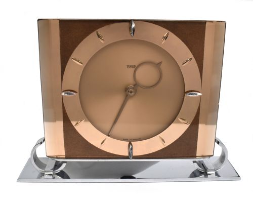 Art Deco Large Copper Glass Electric Mantle Clock by Temco, C1930