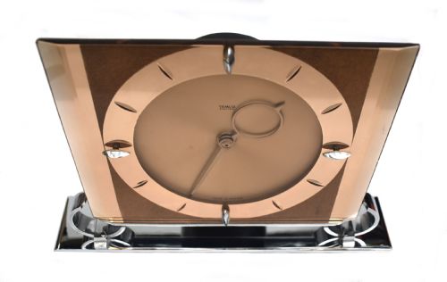 fig 1. Art Deco Large Copper Glass Electric Mantle Clock By Temco, c1930