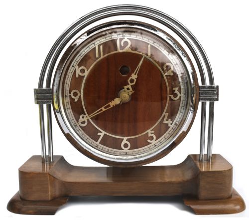 Art Deco Chrome & Walnut Electric Mantle Clock, C1930