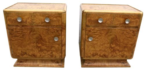 Art Deco Pair of Matching Bedside Table Cabinets in Blonde Burr Elm, C1930