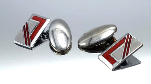 Art Deco Men's Geometric Chrome & Red Enamel Cufflinks, C1930s