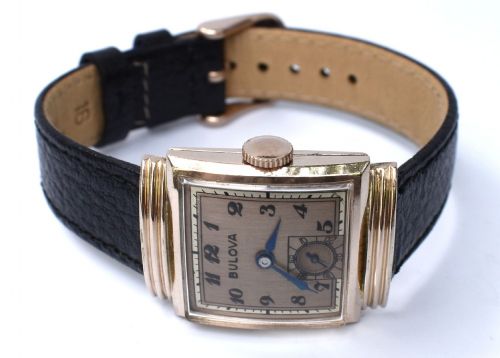 fig 1. Art Deco 14k Rolled Rose Gold Gents Wristwatch, c1940, Bulova