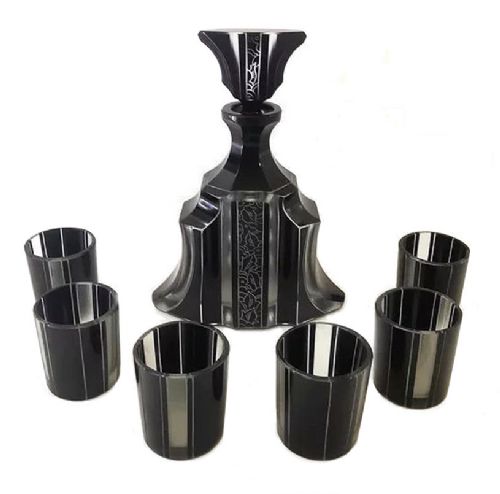 ART DECO ETCHED GLASS DECANTER SET BY KARL PALDA CZECH C1930
