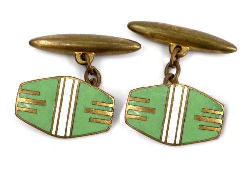Art Deco Original Gentleman's Green & White Enamel Cufflinks, English, C1930