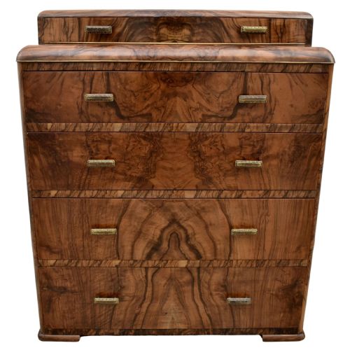 Art Deco English Burr Walnut Chest of Five Drawers,  C1930's