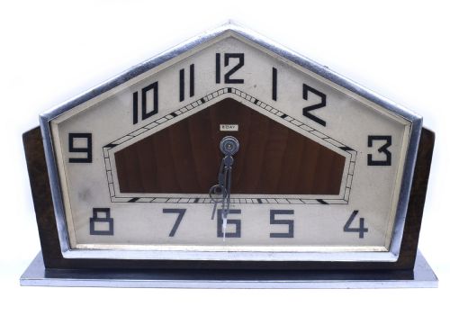 Art Deco Stylish Geometric Chrome & Oak 8 Day Mantle Clock, France, C1930's