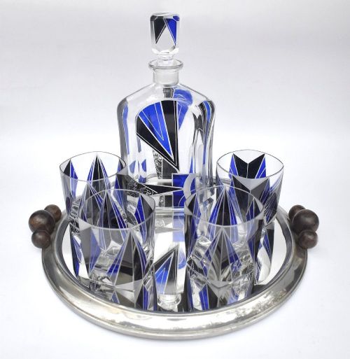 ART DECO CUT GLASS ENAMEL DECANTER SET C1930'S