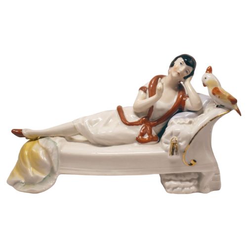 Art Deco Porcelain Reclining Lady with Parrot by Hertwig Katzhutte, C1930
