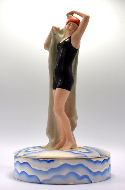 Art Deco Super Rare Ceramic Bathing Belle Powder Box, C1930