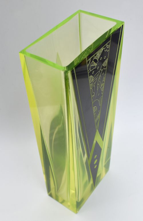 ART DECO URANIUM GLASS ENAMEL VASE BY KARL PALDA C1930 - ADDITIONAL PHOTO 5
