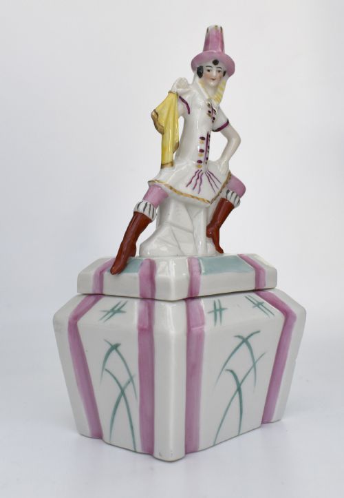 ART DECO RARE PORCELAIN JESTER POWDER TRINKET BOX GERMAN C1930 - ADDITIONAL PHOTO 1