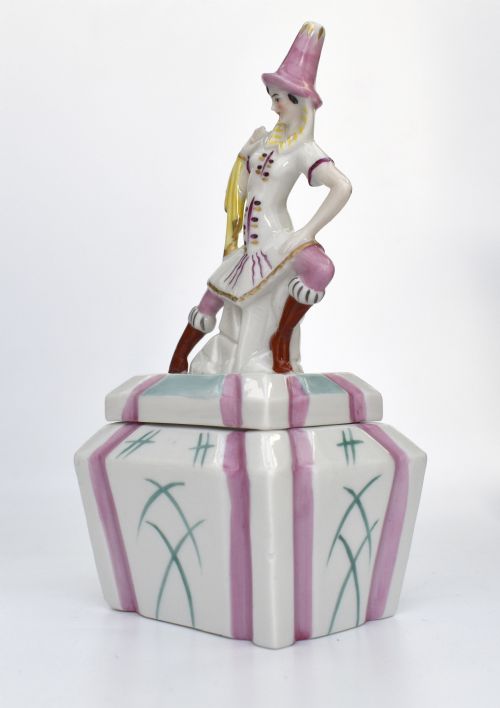 ART DECO RARE PORCELAIN JESTER POWDER TRINKET BOX GERMAN C1930 - ADDITIONAL PHOTO 2