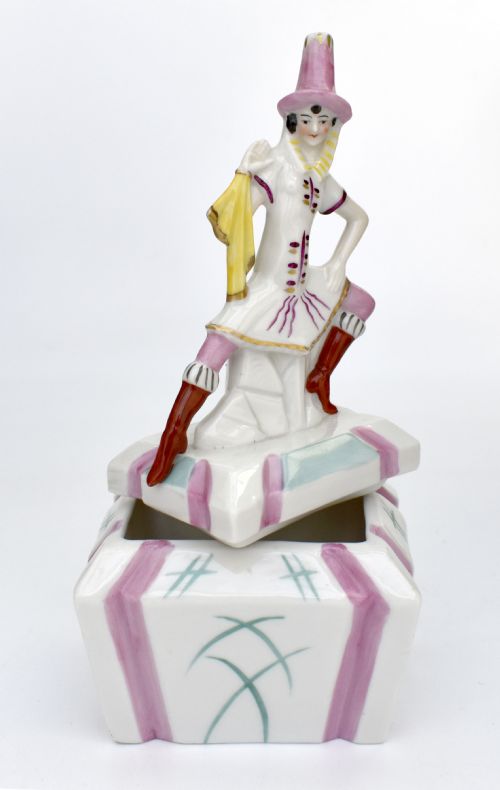 ART DECO RARE PORCELAIN JESTER POWDER TRINKET BOX GERMAN C1930 - ADDITIONAL PHOTO 4