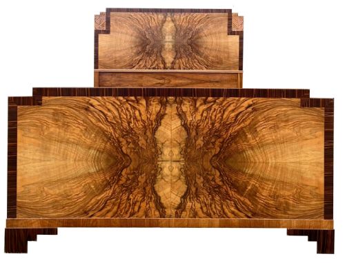 Art Deco Skyscraper Walnut & Macassar Double Bed, English, 1930'S