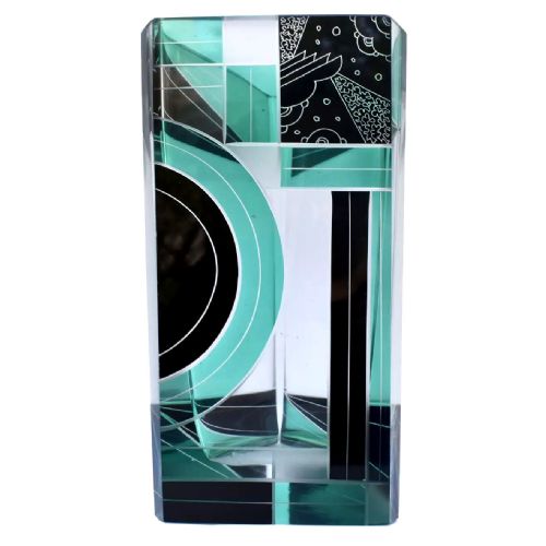 Art Deco Huge Cut Glass & Enamel Etched Vase, C1930