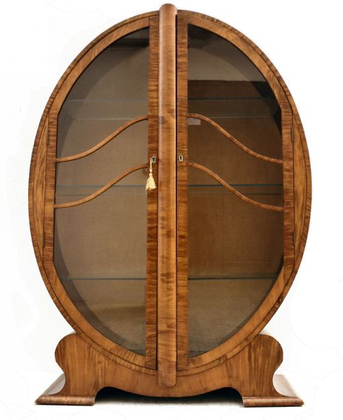 Original Art Deco English Walnut Oval Display Cabinet, C1930