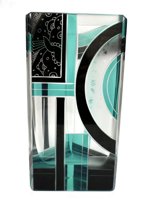 Art Deco Huge Cut Glass & Enamel Etched Vase, C1930