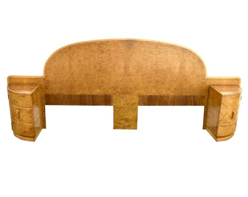 Art Deco Blonde Maple King Size Bed with Cabinets, C1930