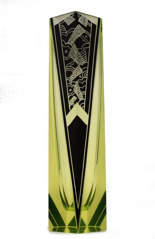 Art Deco Tall Uranium Glass Vase by Karl Palda, C1930