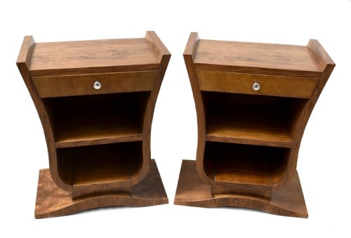 Art Deco Pair of French Walnut Bedside Tables, C1930
