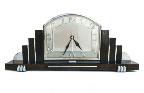Art Deco Chrome & Walnut Mantle Clock, C1930